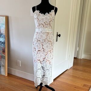 Just Me White Lace Midi Dress with Satin Waistband